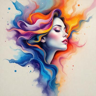 The primary subject of the image is a woman with long hair, painted in a vibrant and colorful manner. The setting is a painting or drawing, showcasing the woman's beauty and the artist's skill. The visual style is artistic, with the woman's face and hair being the main focus of the image. The colors and mood are lively and energetic, with the woman's hair being painted in various shades of blue, purple, and orange.